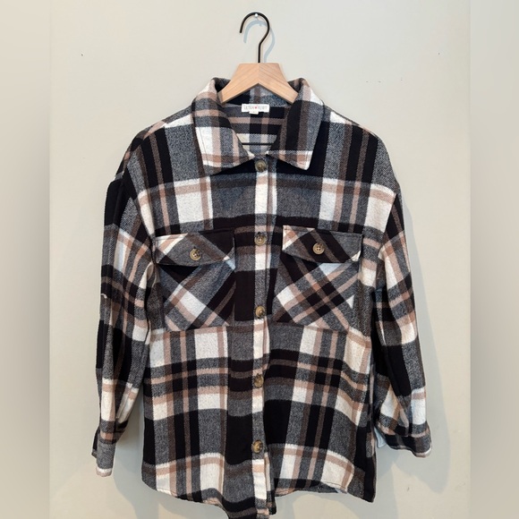 Ultra Flirt Tops - Shacket by Ultra Flirt, black, ran and white size large flannel plaid